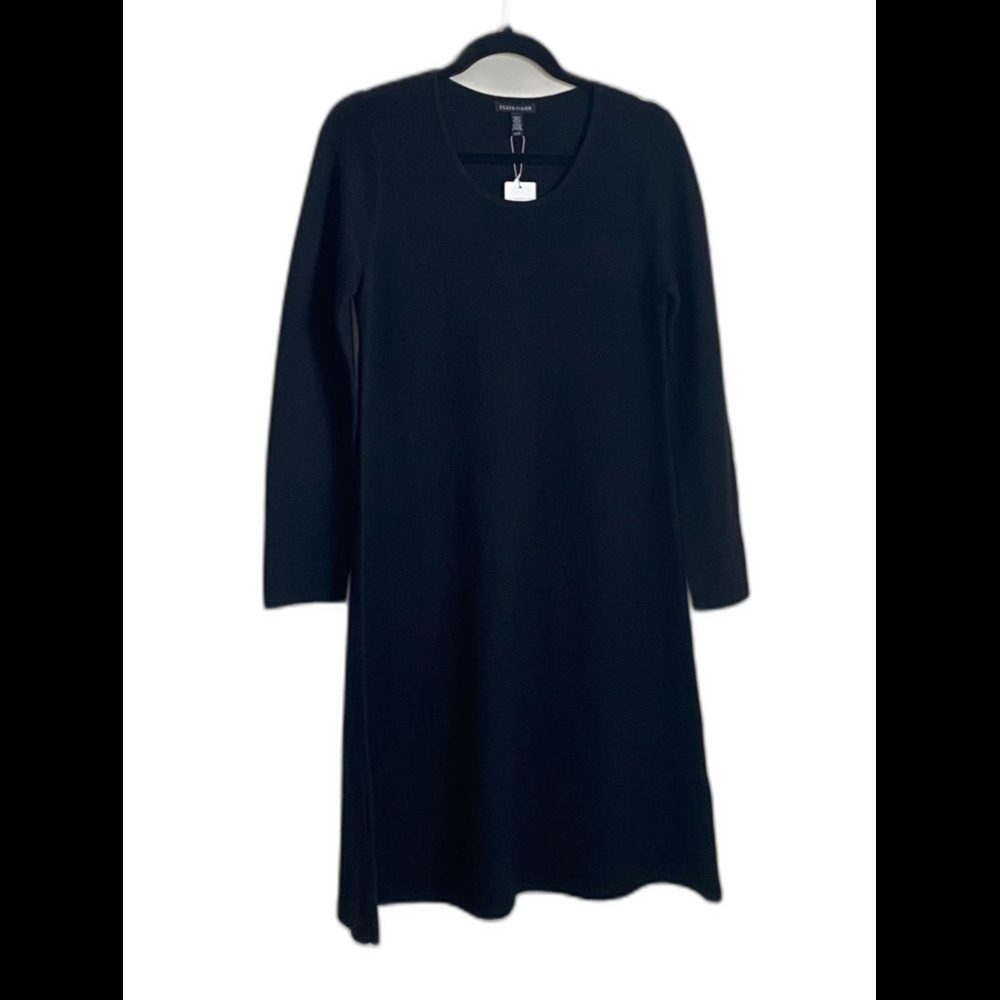 Eileen Fisher Black A line Midi Knit Merino Wool Dress